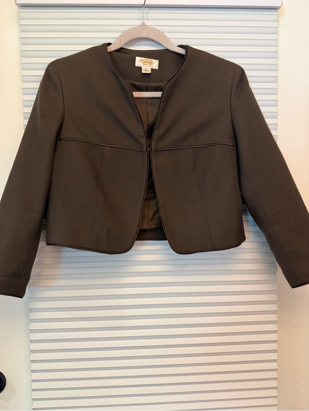 Talbots Women's silk very Cropped blazer Open-Front Jacket dark brown 6P